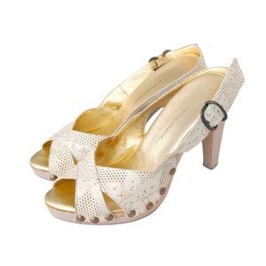 CYNTHIA VINCENT Studded Lace-Leather Sling-backs in Lavender & Gold Size 9